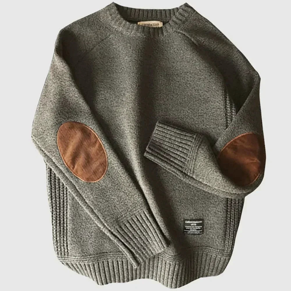 Men's knitted crew neck jumper with contrasting elbow patches