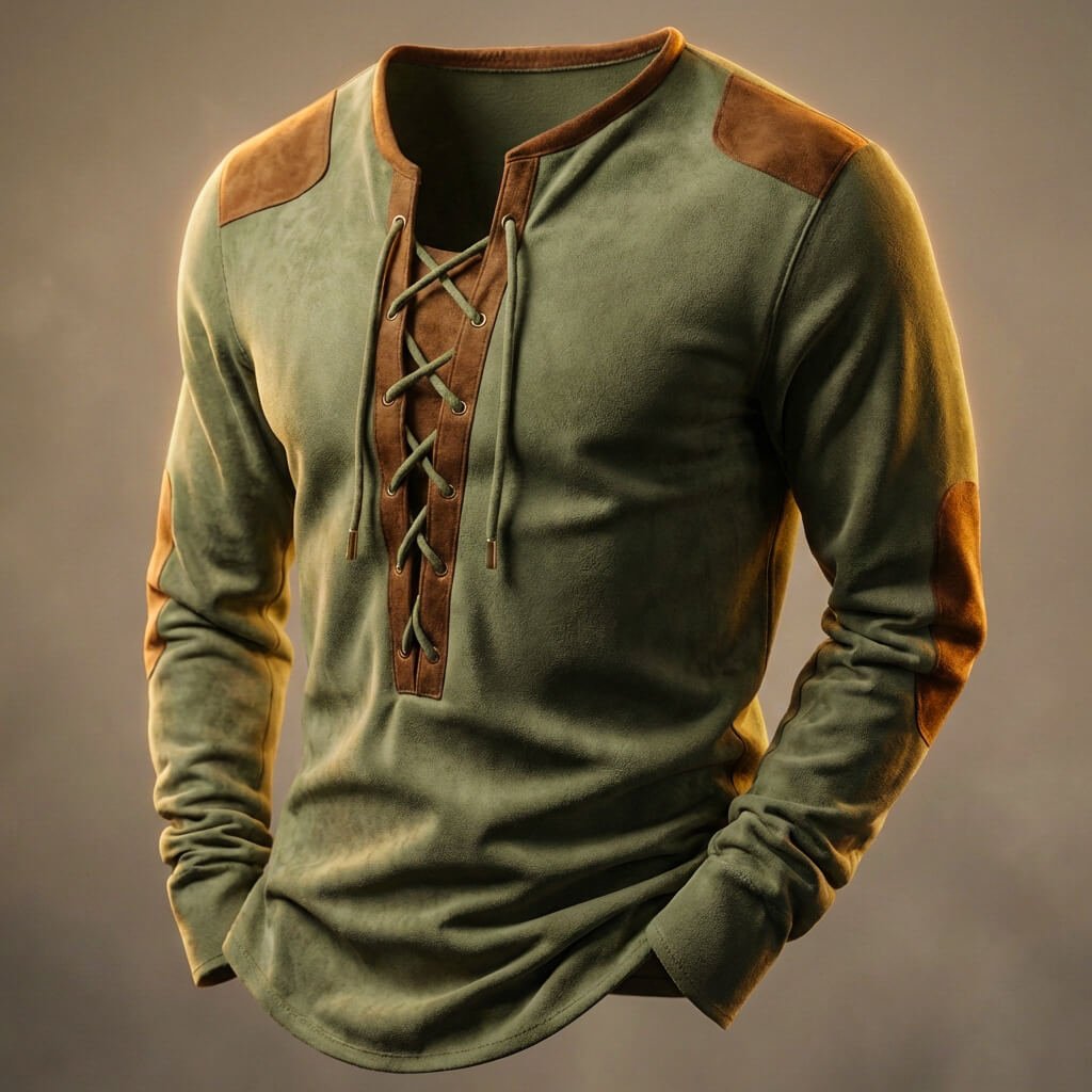Men's long-sleeve lace-up Henley shirt with contrast shoulder and sleeve panels