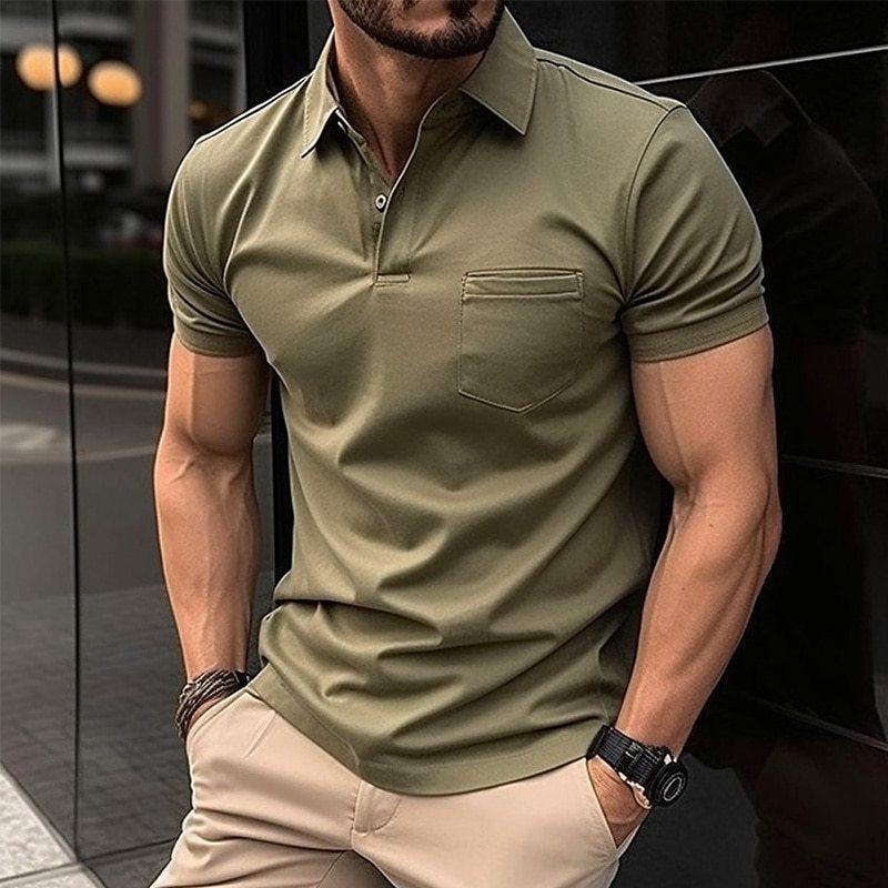 Men's short sleeve polo shirt with pointed collar and chest pocket
