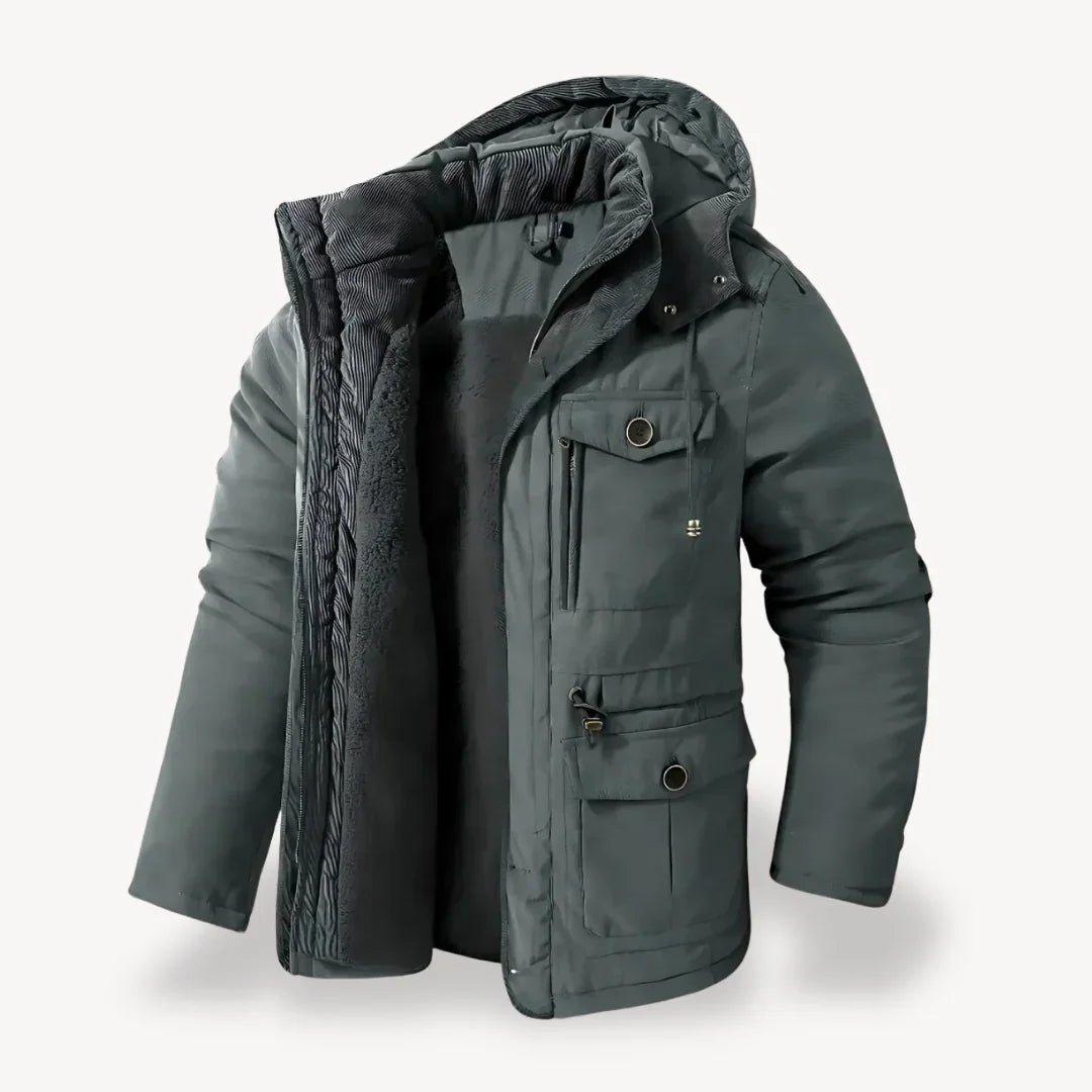 Men's hooded winter jacket with zip front and multiple utility pockets