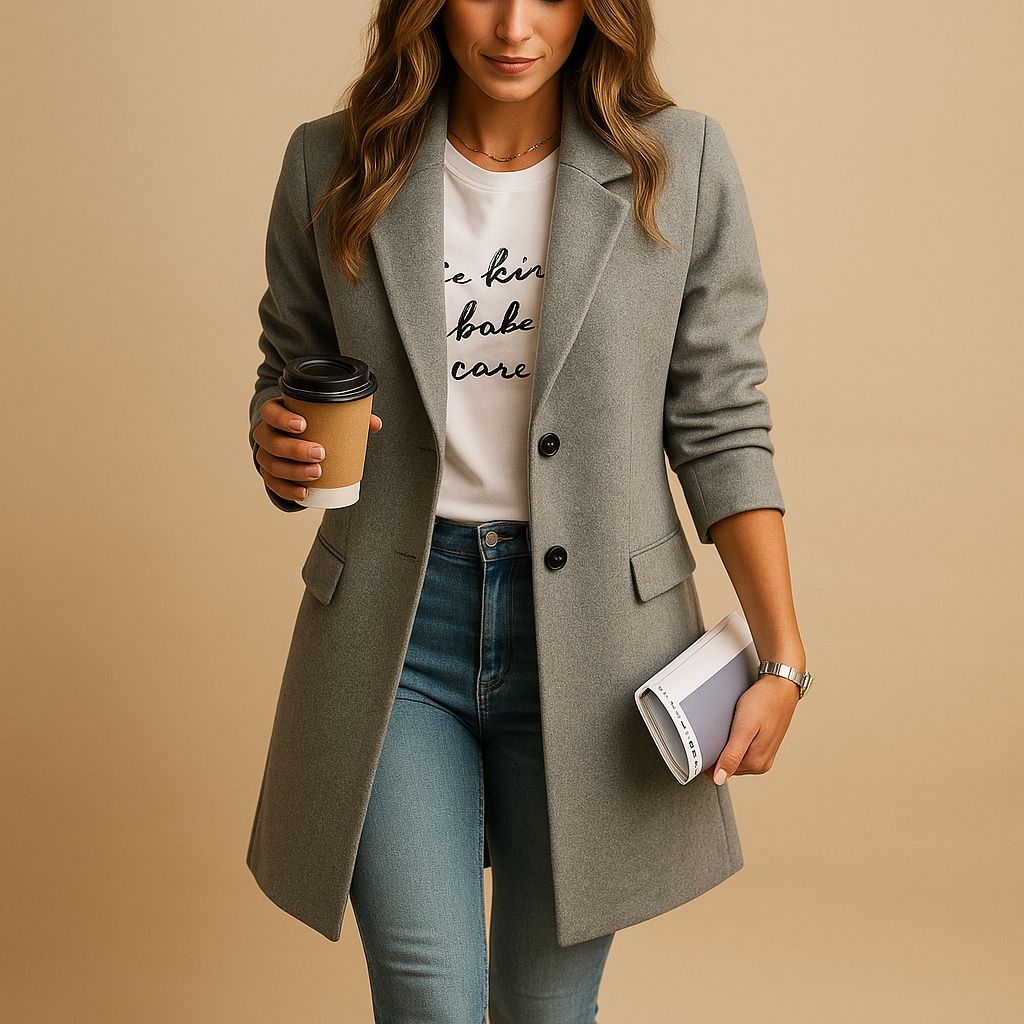 Women's mid-length tailored coat with notched lapels, button front and welt pockets