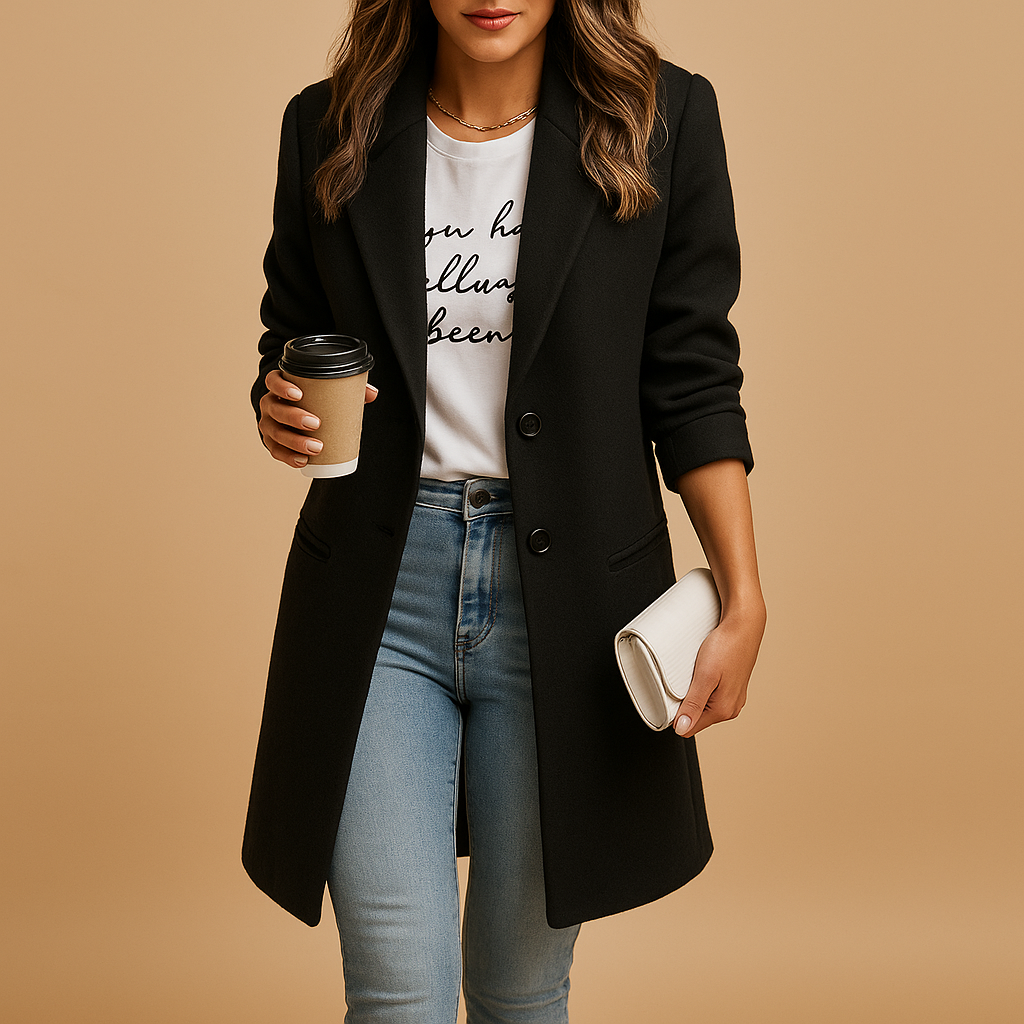 Women's mid-length tailored coat with notched lapels, button front and welt pockets