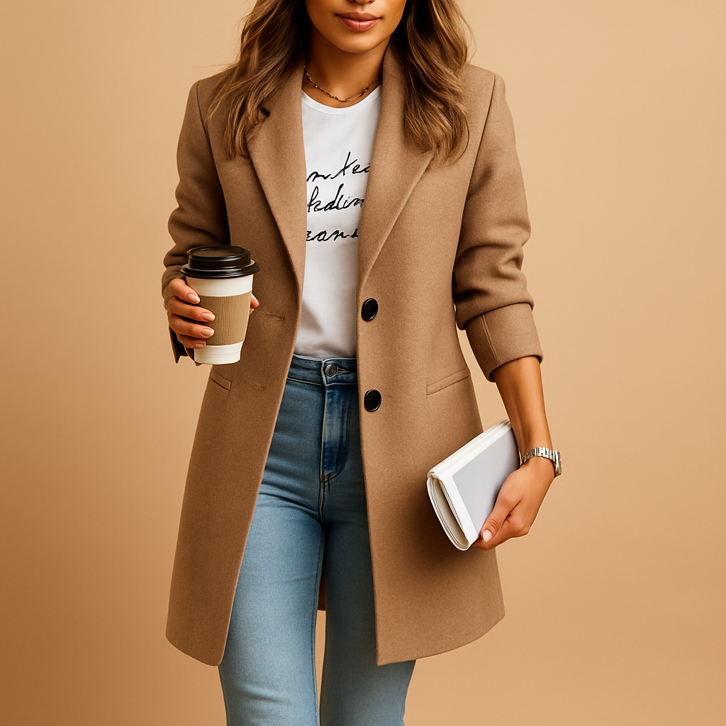 Women's mid-length tailored coat with notched lapels, button front and welt pockets