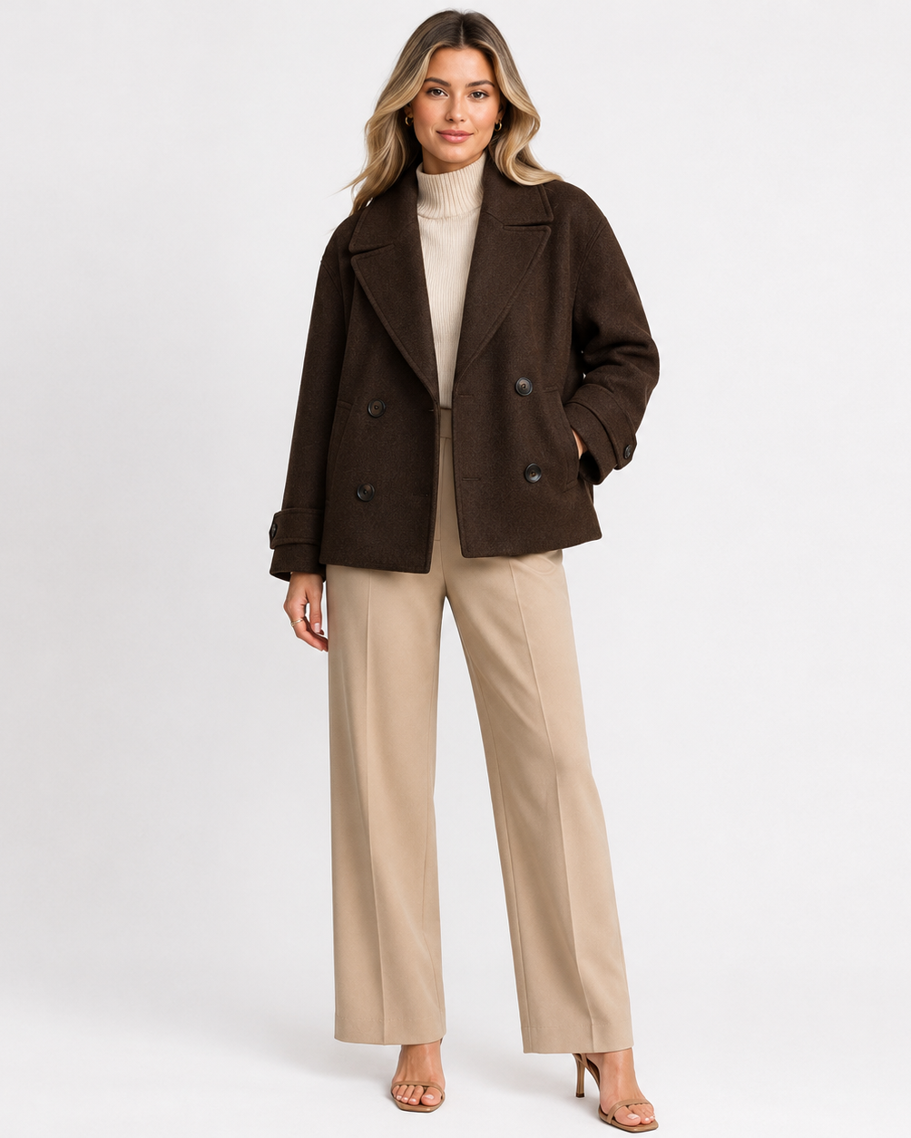 Women's short coat with notched lapels, button front and long sleeves