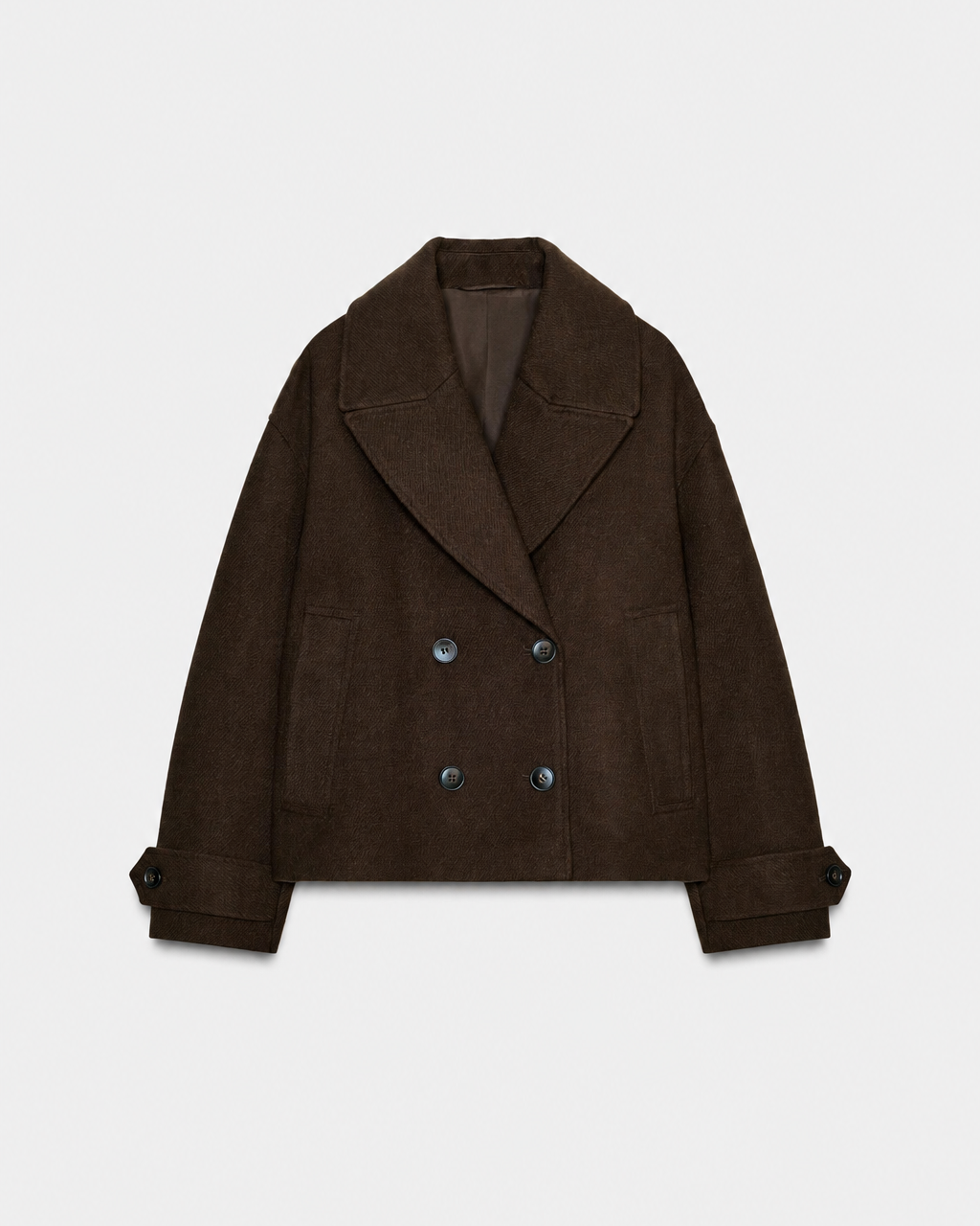 Women's short coat with notched lapels, button front and long sleeves