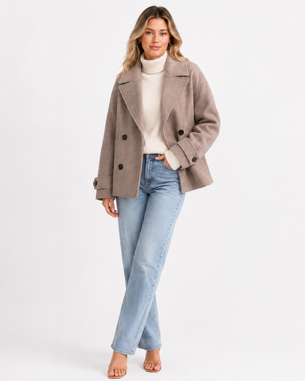 Women's short coat with notched lapels, button front and long sleeves