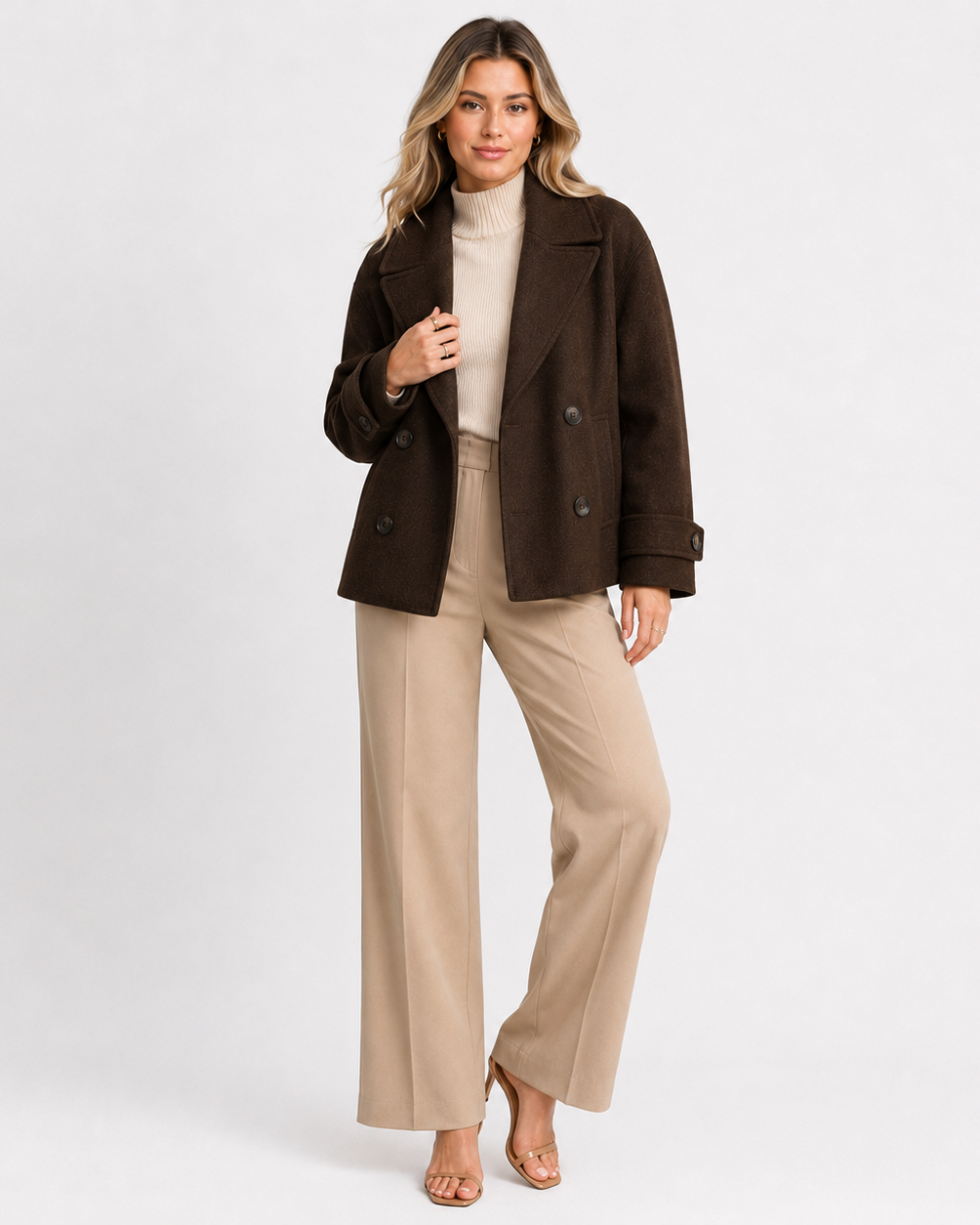 Women's short coat with notched lapels, button front and long sleeves