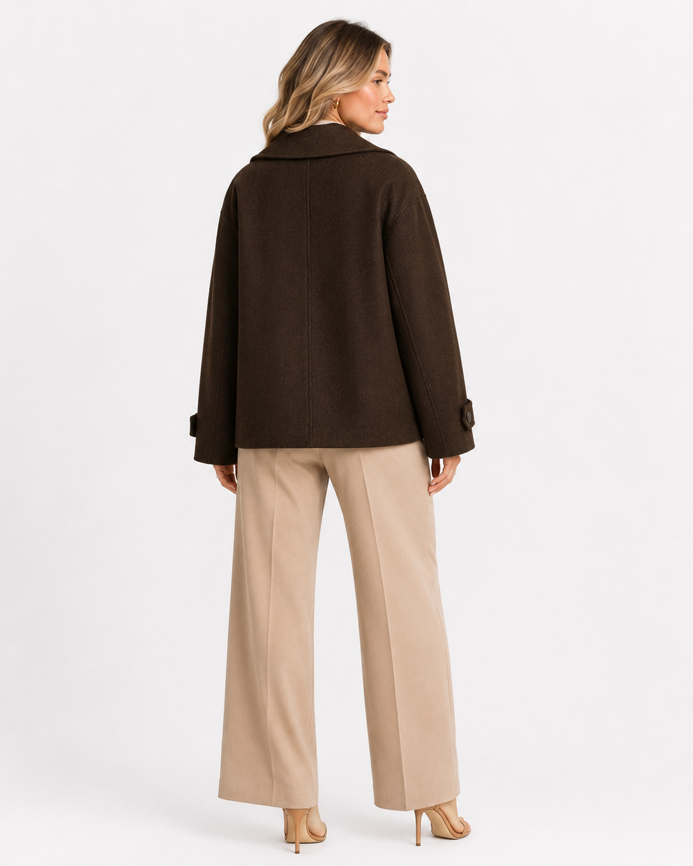 Women's short coat with notched lapels, button front and long sleeves