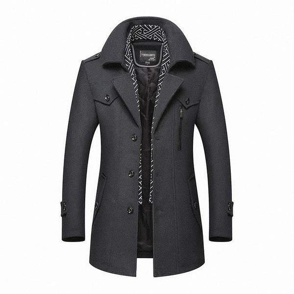 Men's longline coat with notched collar, button front and chest zip pocket