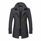 Men's longline coat with notched collar, button front and chest zip pocket