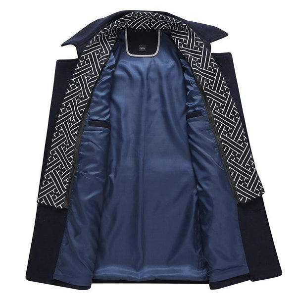 Men's longline coat with notched collar, button front and chest zip pocket