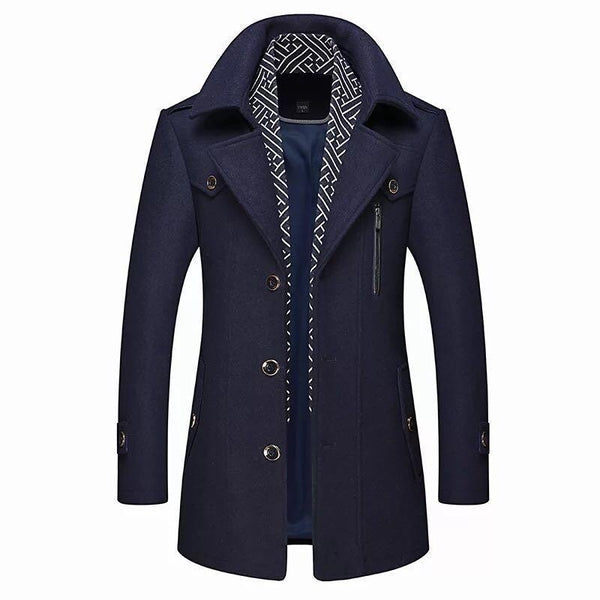 Men's longline coat with notched collar, button front and chest zip pocket