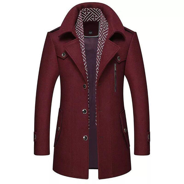 Men's longline coat with notched collar, button front and chest zip pocket