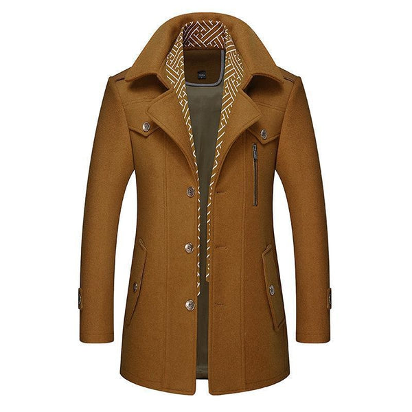 Men's longline coat with notched collar, button front and chest zip pocket