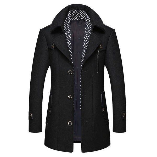 Men's longline coat with notched collar, button front and chest zip pocket