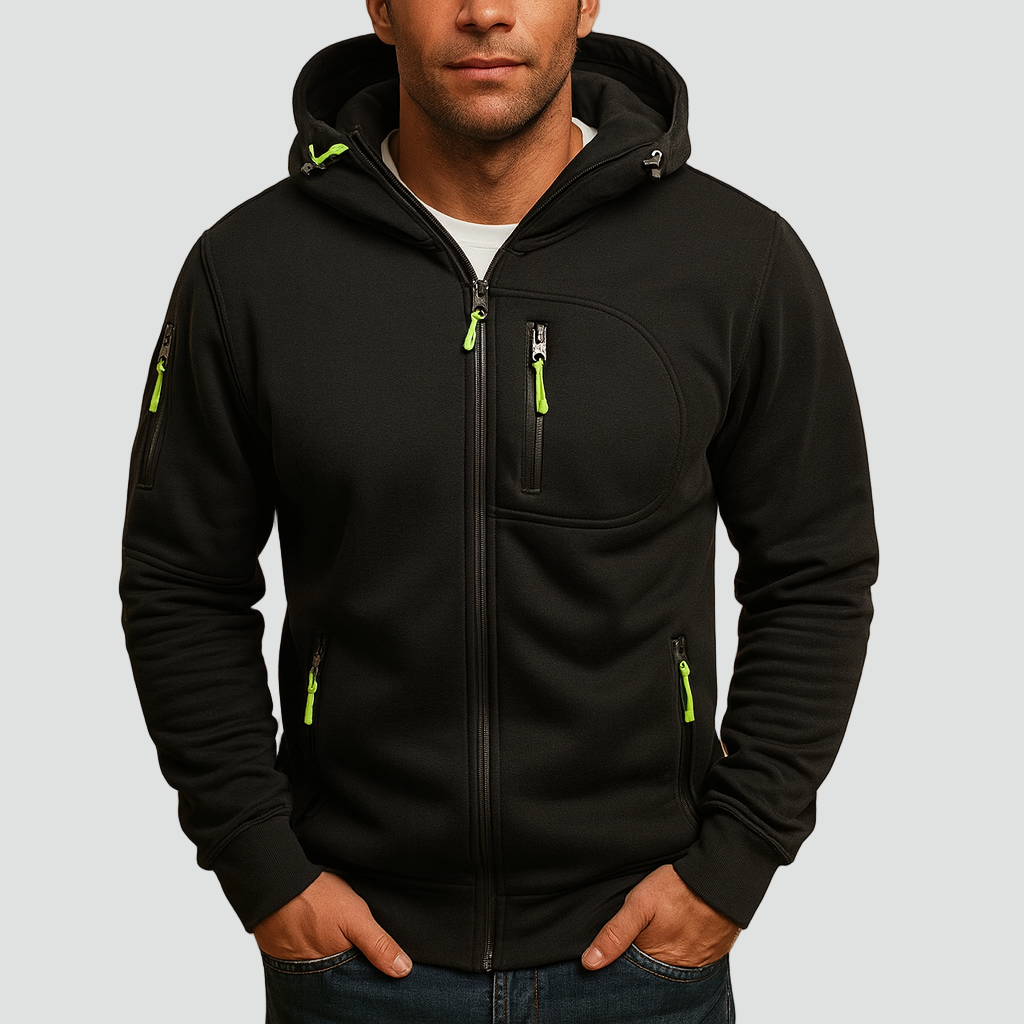 Men's full-zip hooded hoodie with long sleeves and multiple zipped pockets
