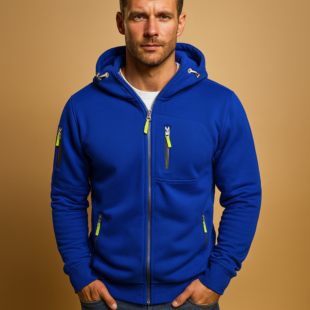 Men's full-zip hooded hoodie with long sleeves and multiple zipped pockets