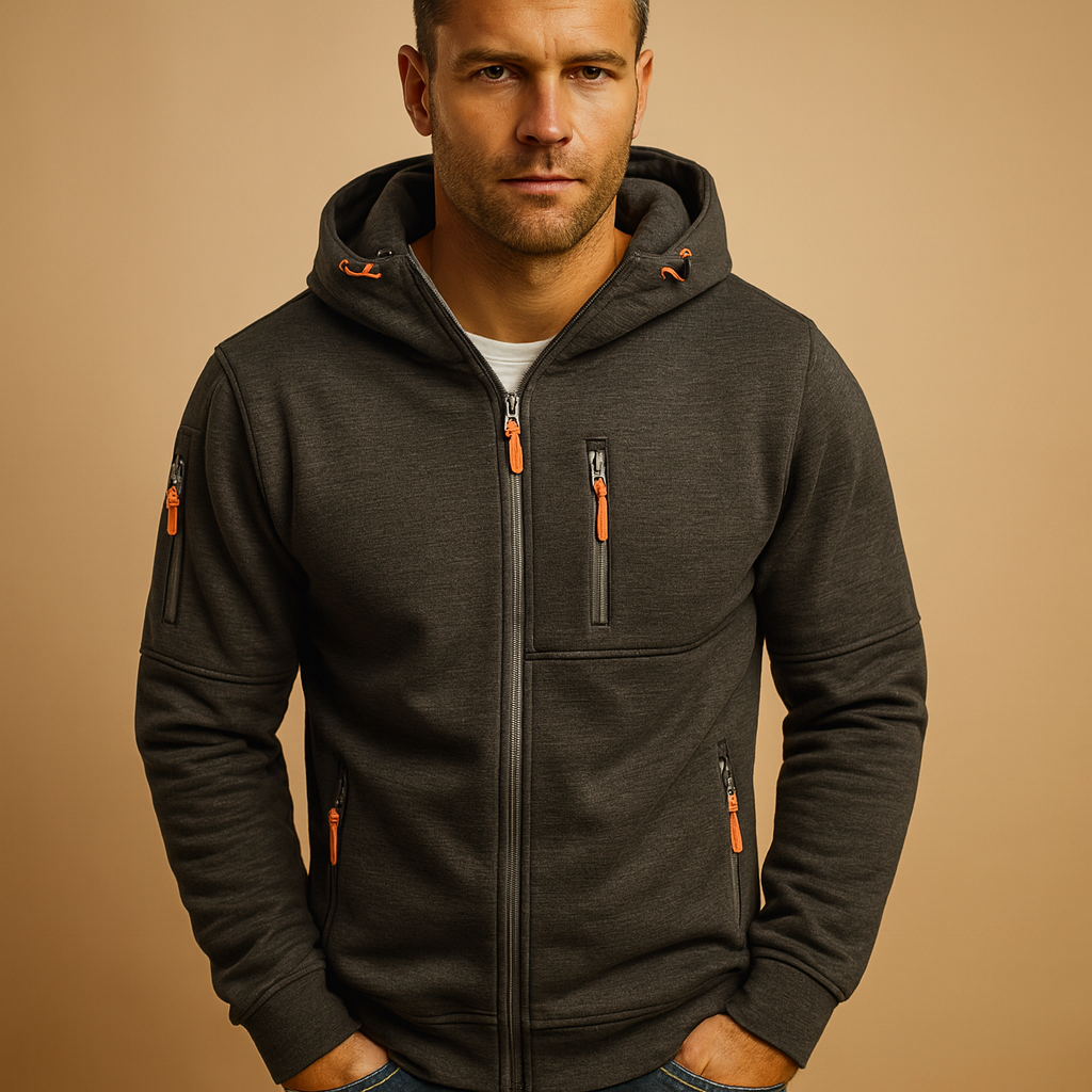 Men's full-zip hooded hoodie with long sleeves and multiple zipped pockets