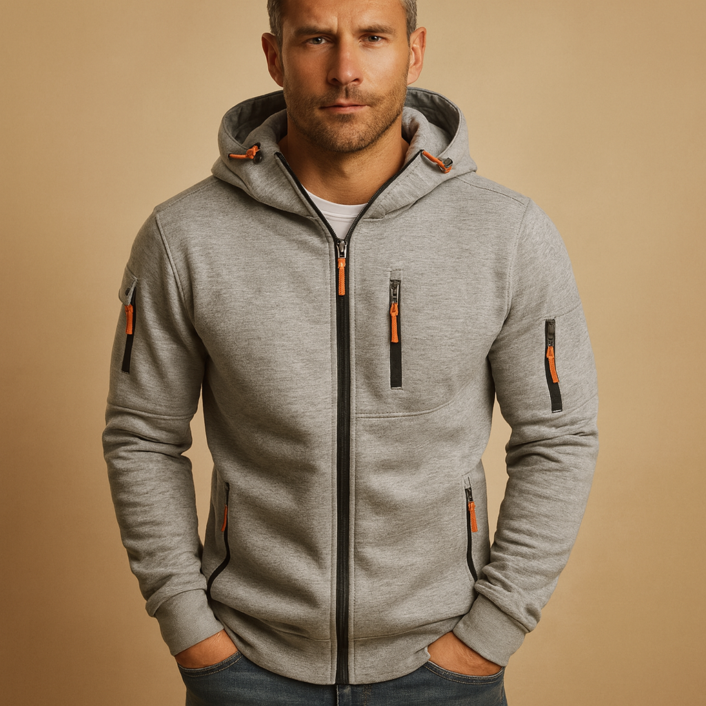 Men's full-zip hooded hoodie with long sleeves and multiple zipped pockets