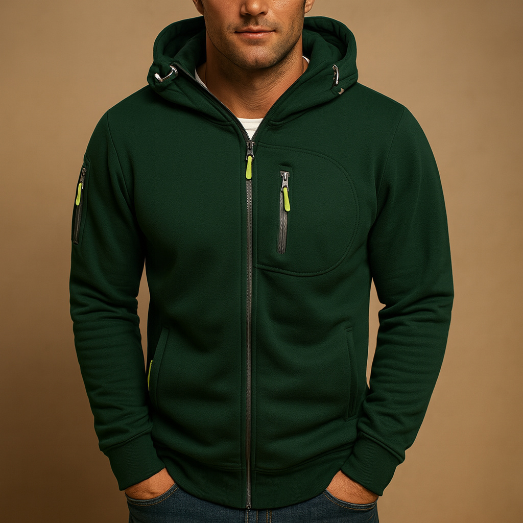Men's full-zip hooded hoodie with long sleeves and multiple zipped pockets