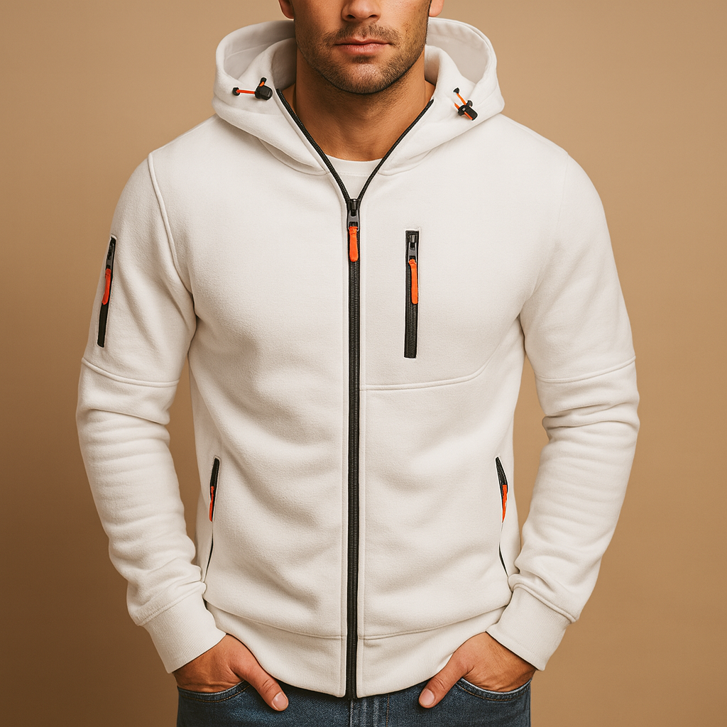 Men's full-zip hooded hoodie with long sleeves and multiple zipped pockets