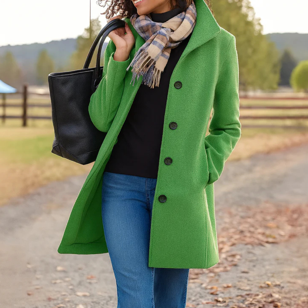 Women's long button front coat with notched lapels and side pockets