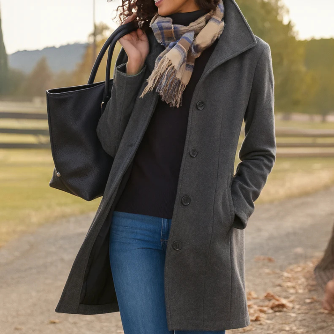 Women's long button front coat with notched lapels and side pockets