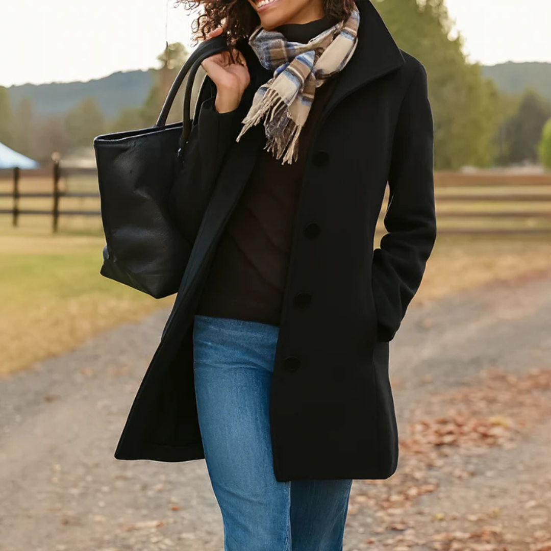 Women's long button front coat with notched lapels and side pockets