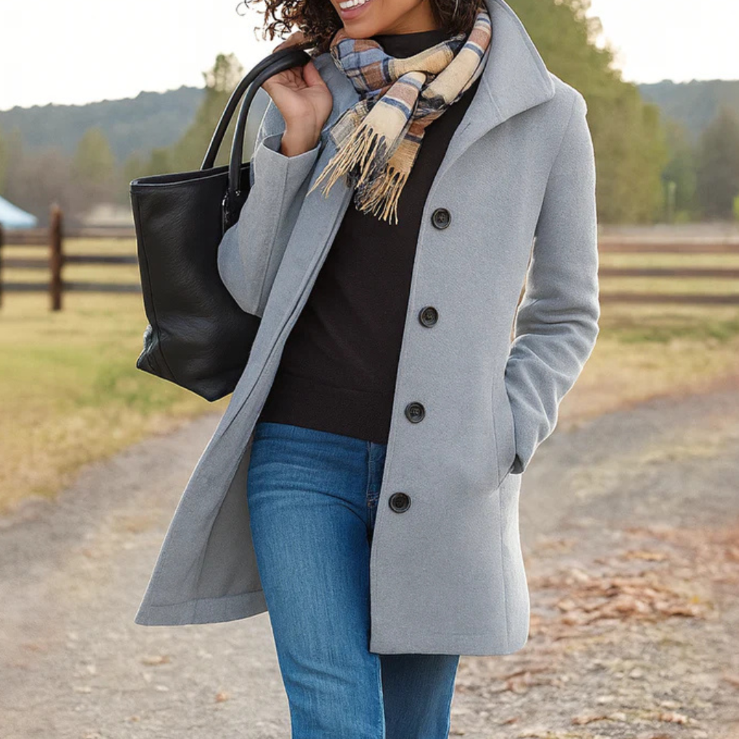 Women's long button front coat with notched lapels and side pockets