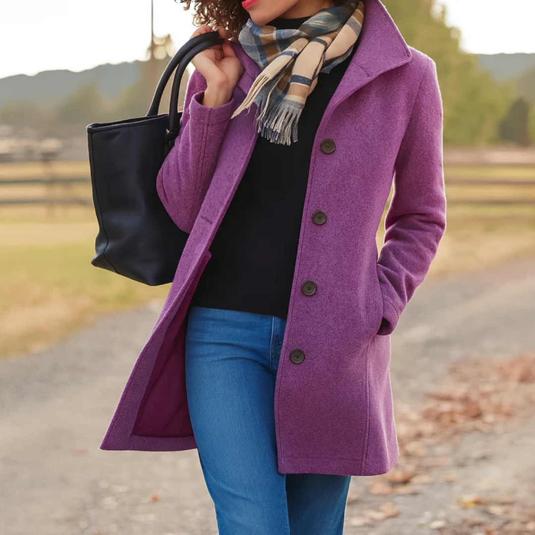 Women's long button front coat with notched lapels and side pockets