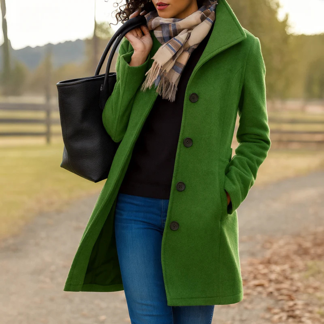 Women's long button front coat with notched lapels and side pockets