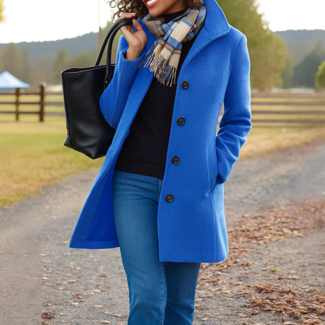 Women's long button front coat with notched lapels and side pockets