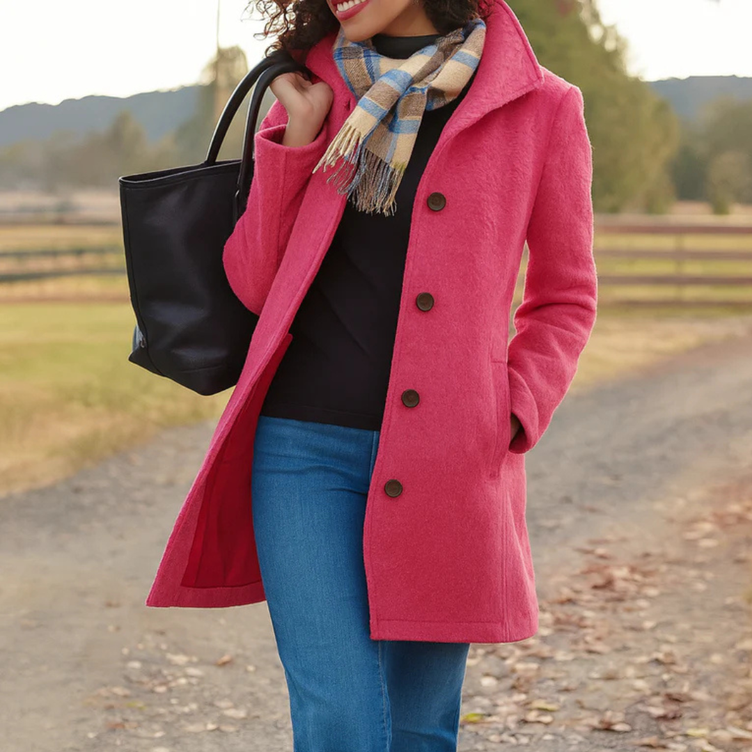 Women's long button front coat with notched lapels and side pockets