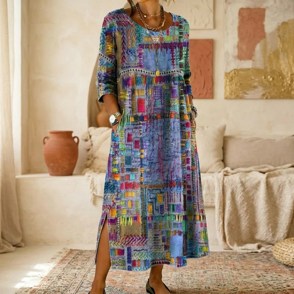 Women's colourful abstract print midi dress with round neckline and three-quarter sleeves