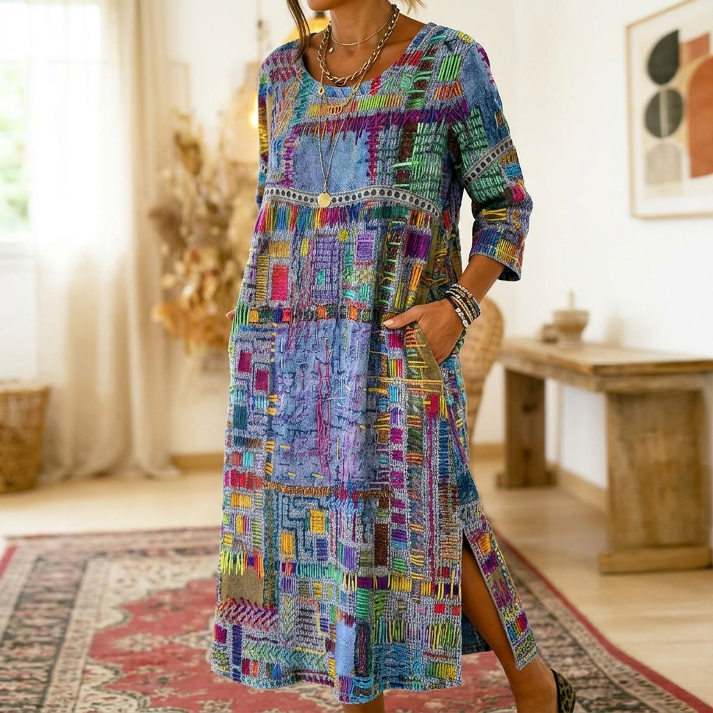Women's colourful abstract print midi dress with round neckline and three-quarter sleeves