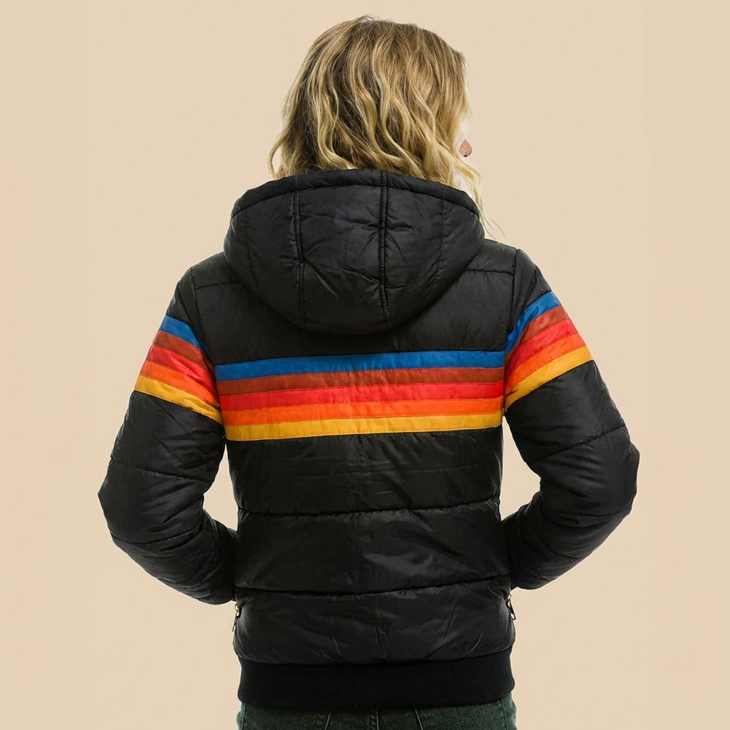 Women's hooded quilted jacket with horizontal multicoloured stripes