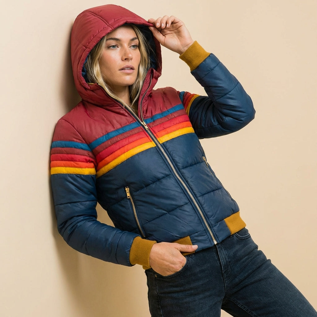 Women's hooded quilted jacket with horizontal multicoloured stripes