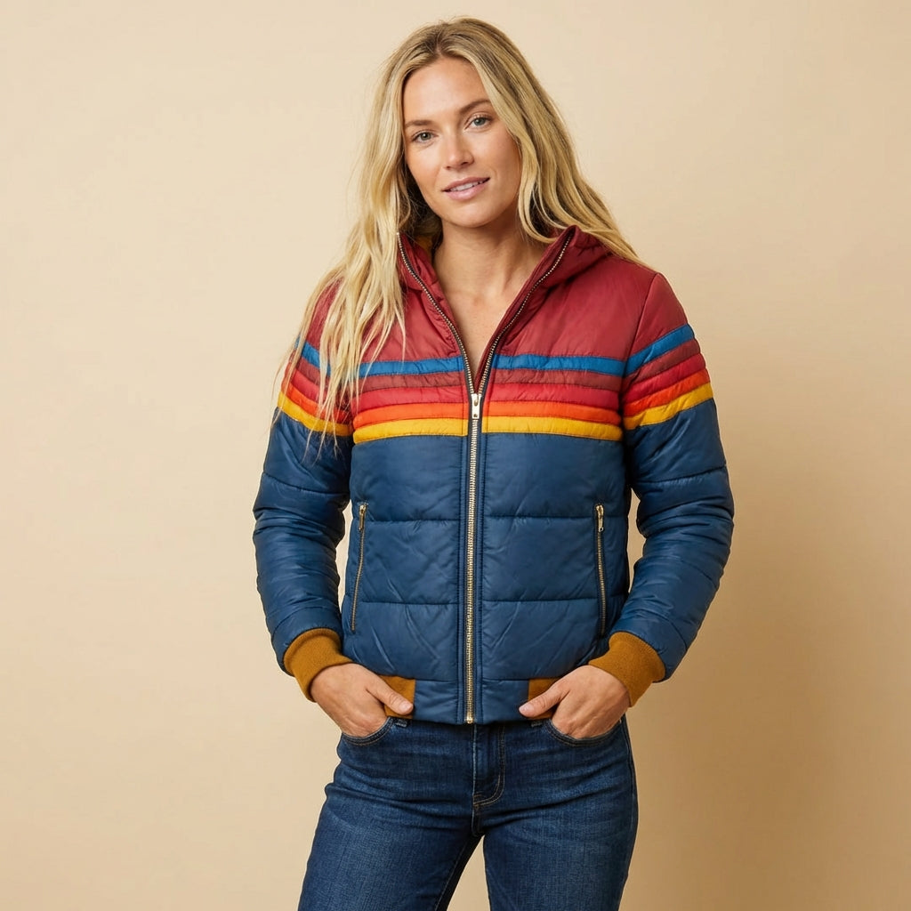 Women's hooded quilted jacket with horizontal multicoloured stripes