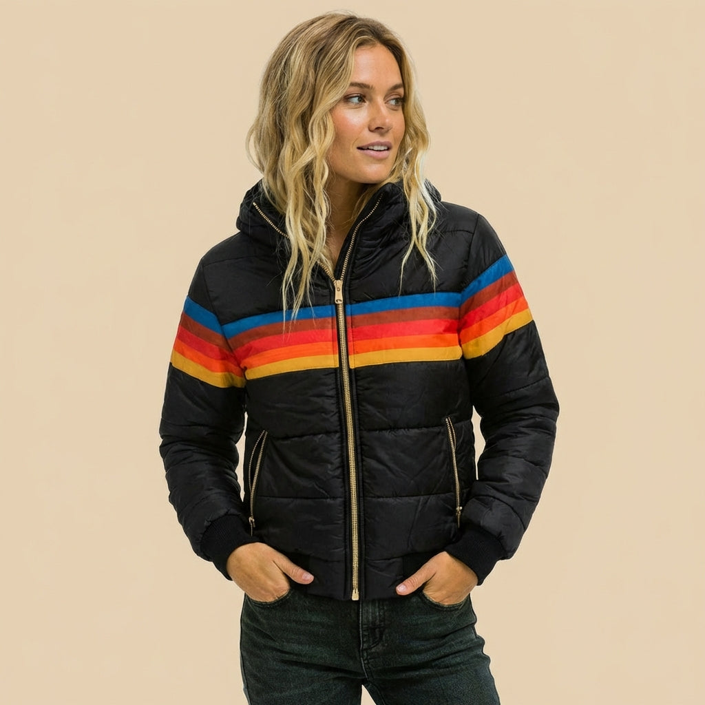 Women's hooded quilted jacket with horizontal multicoloured stripes