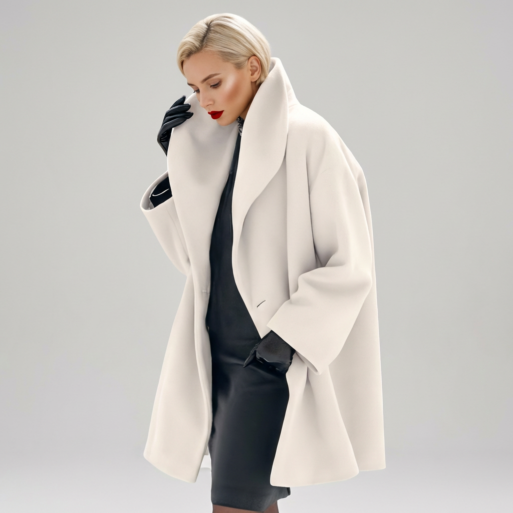 Women's open front winter coat with wide lapels and flared cuffs