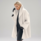 Women's open front winter coat with wide lapels and flared cuffs