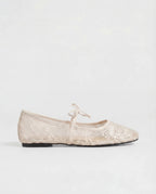 Women's white floral lace ballet flats with tie strap and round toe