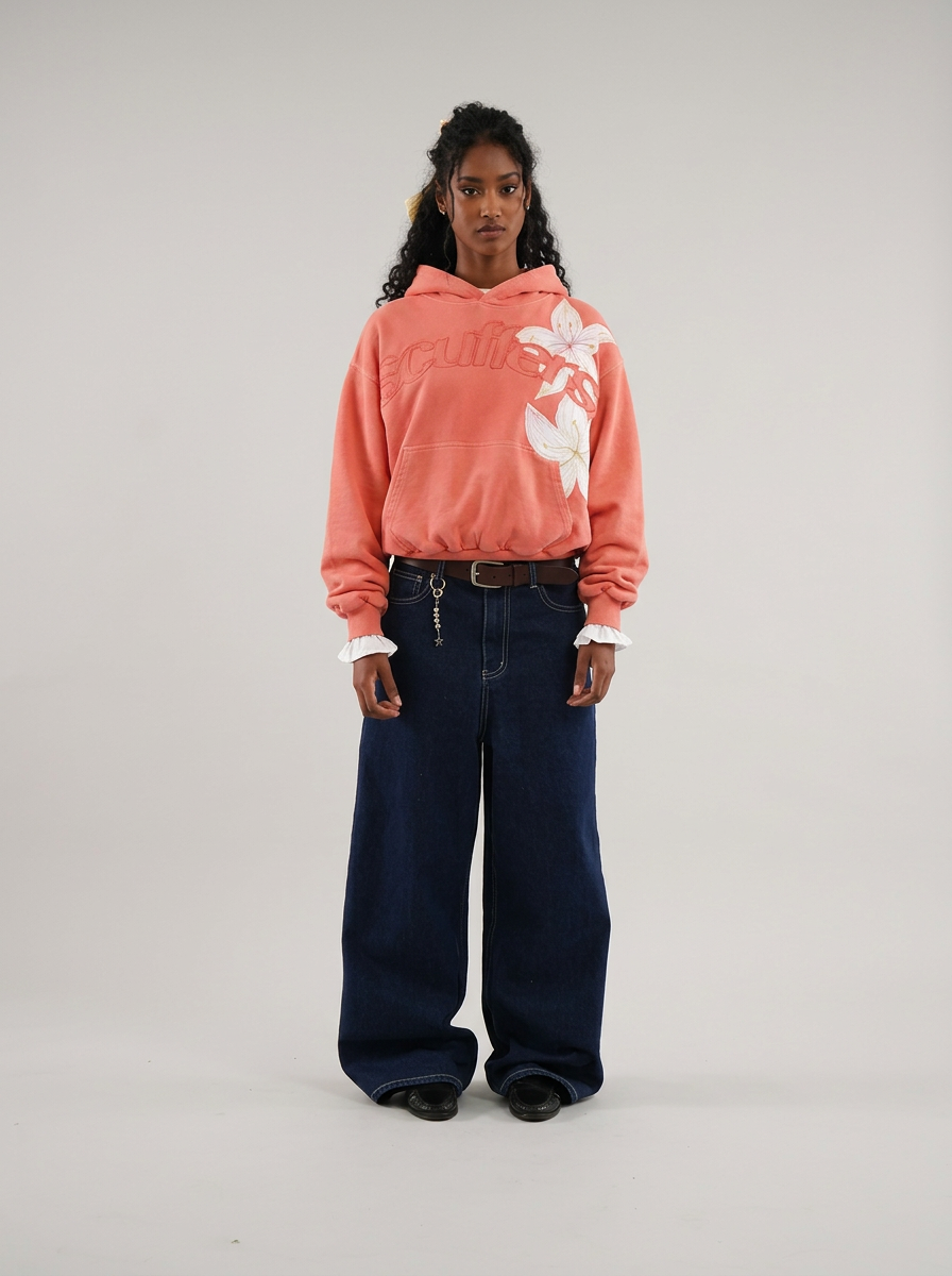 Women's floral embroidered hooded sweatshirt with long sleeves and kangaroo pocket