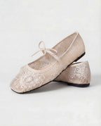 Women's white floral lace ballet flats with tie strap and round toe
