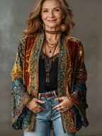 Women's open-front paisley kimono cardigan with long sleeves and decorative trim