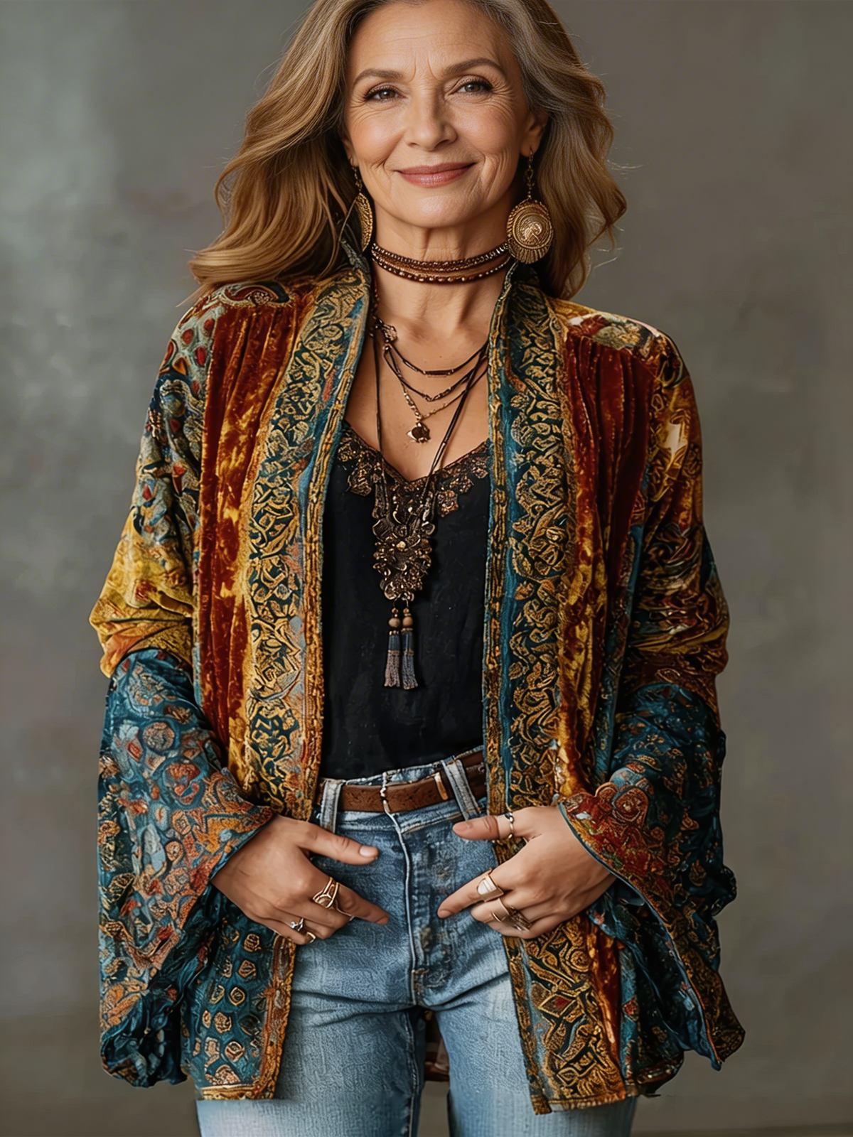 Women's open-front paisley kimono cardigan with long sleeves and decorative trim