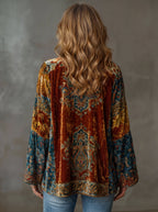 Women's open-front paisley kimono cardigan with long sleeves and decorative trim