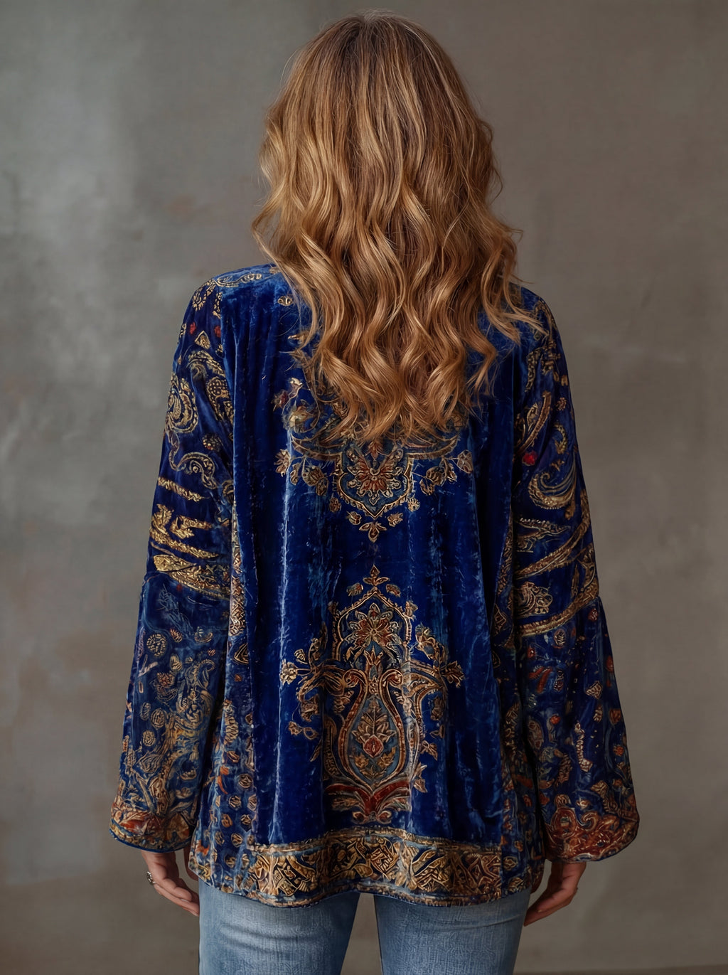 Women's open-front paisley kimono cardigan with long sleeves and decorative trim