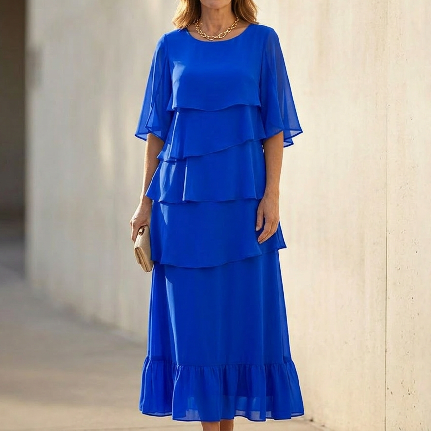 Women's layered ruffle midi dress with round neck and flared sleeves