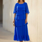 Women's layered ruffle midi dress with round neck and flared sleeves